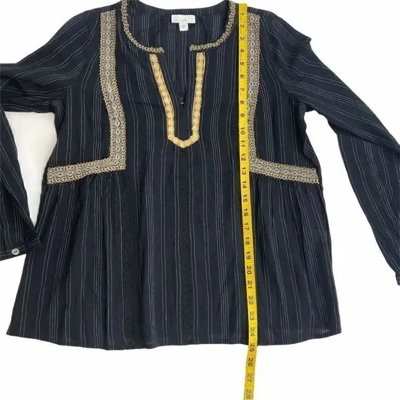 J Jill Peasant Blouse XS Black White Stripe Lace - Picture 6 of 14